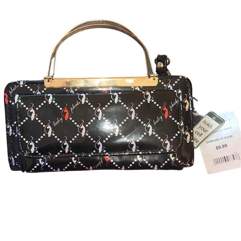 Baby Phat clutch with gold handles and black strap for crossbody